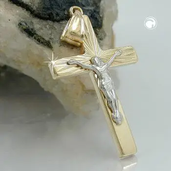 Anhänger 34x17mm Kreuz mit Jesus bicolor glänzend diamantiert 9Kt GOLD