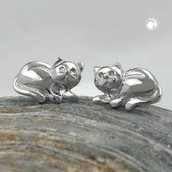 Ohrstecker Ohrring 7x10mm liegende Katze glänzend rhodiniert Silber 925