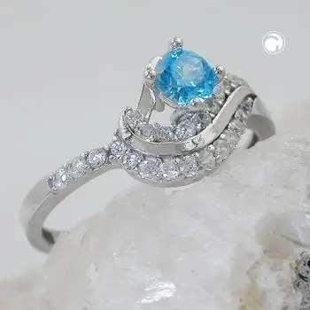 Ring 10mm Zirkonias aqua und weiß glänzend rhodiniert Silber 925 Ringgröße 58