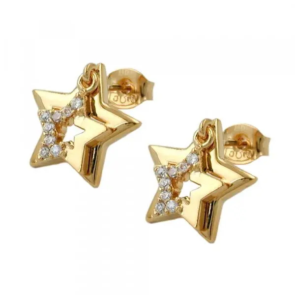 Ohrstecker Ohrring 13mm doppelter Stern mit Zirkonia vergoldet 3 Mikron