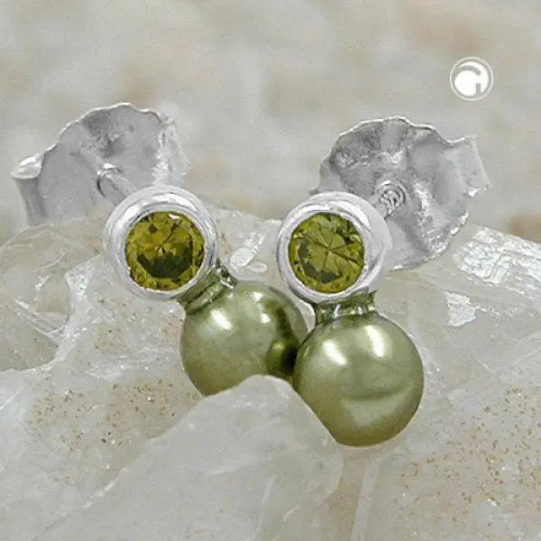 Ohrstecker Ohrring 7x4mm Zirkonia peridotfarbig Imitatperle olivgrün 925