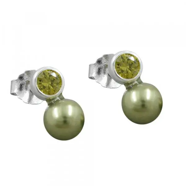 Ohrstecker Ohrring 7x4mm Zirkonia peridotfarbig Imitatperle olivgrün 925