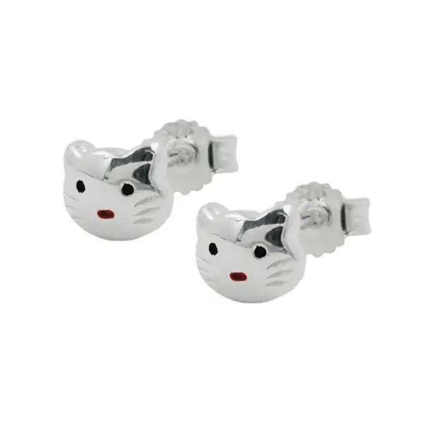 Ohrstecker Ohrring 5x6mm Kinderohrring Katzenkopf rot-schwarz lackiert glänzend Silber 925