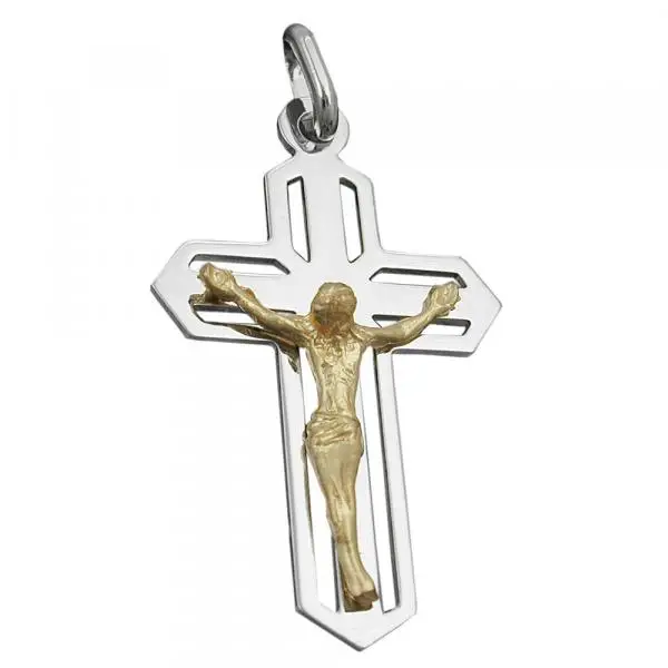 Anhänger 38x23mm Kreuz Jesus bicolor glänzend Silber 925