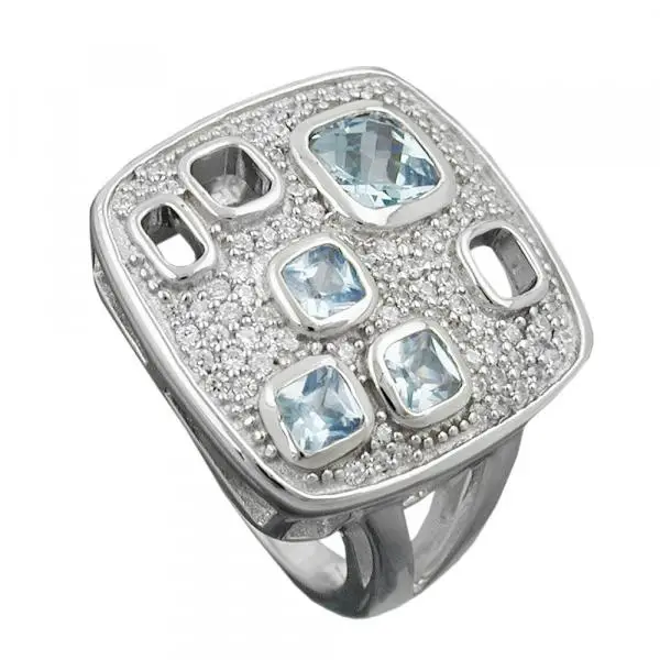 Ring 18mm Viereck Zirkonias aqua weiß glänzend rhodiniert Silber 925 Ringgröße 60